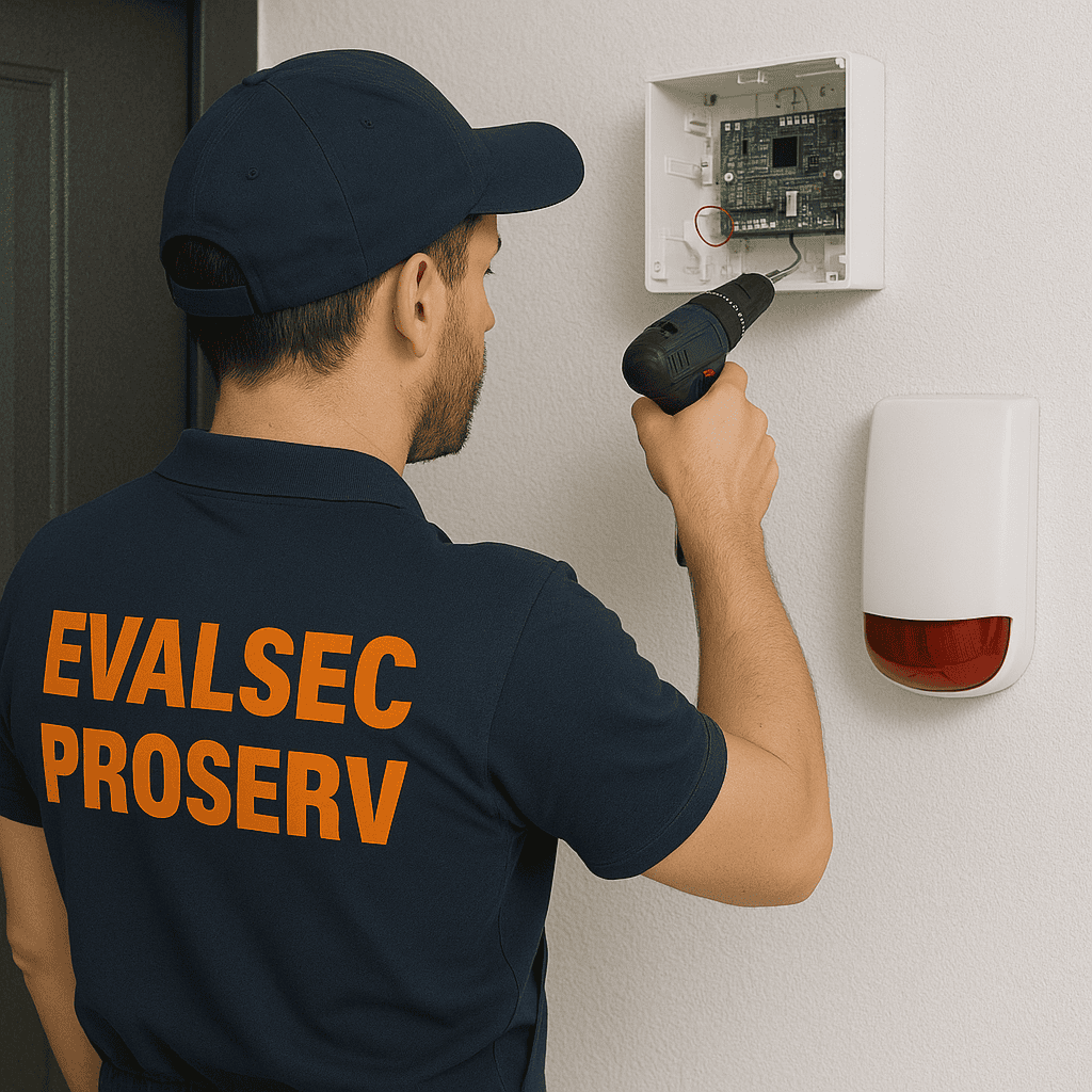 Tehnician EVALSEC PROSERV care montează un sistem de alarmă la efracție pe perete